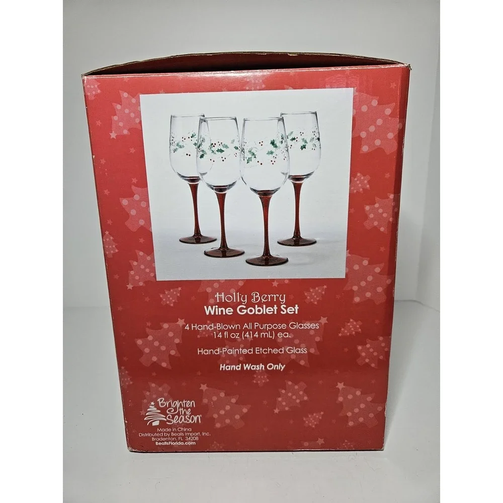 Bealls Brighten The Season Holly Berry Wine Goblet Set 4 Pc Hand Blown 14 oz